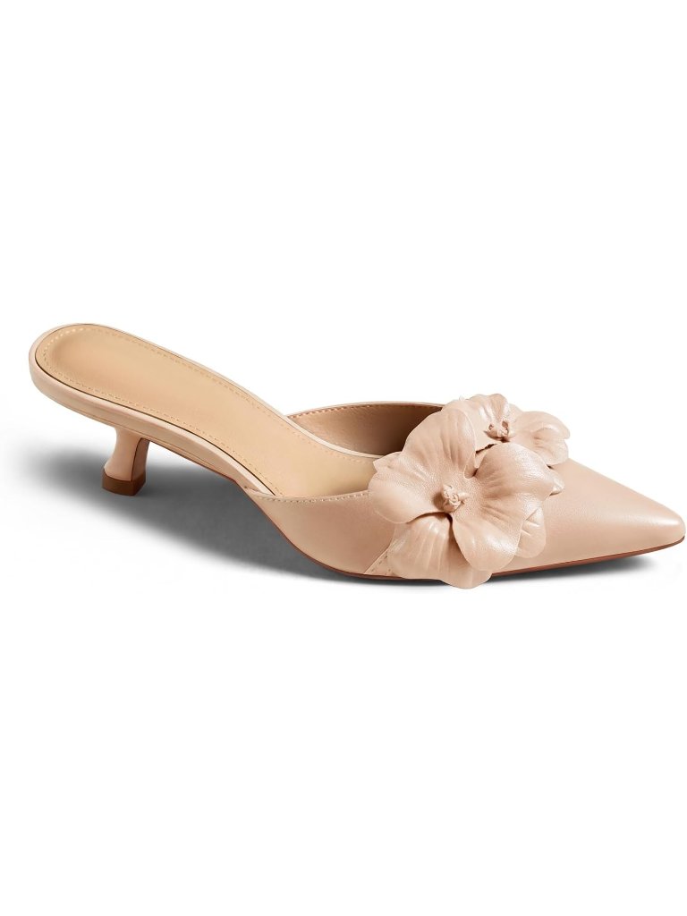 Women's Light Khaki Kitten Heels Mules Closed Pointed Toe Flower Slip Pump Shoes